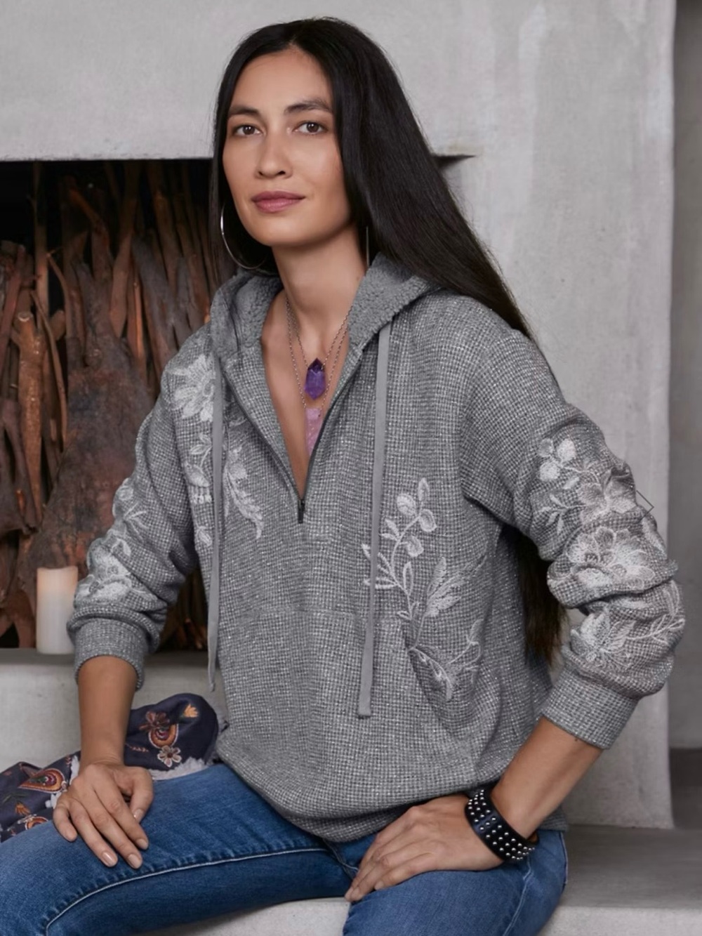 Johnny Was Junie Metallic Thermal Hoodie Embroidered Grey Size Small